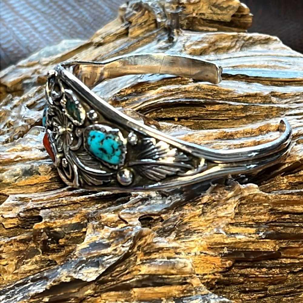 Sterling Silver, Turquoise and Coral Cuff Bracelet - Picture 5 of 9